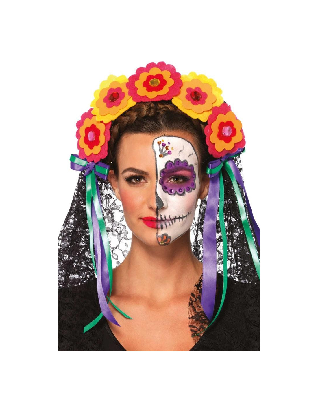 Diadema del Día de los Muertos Mexicano con Velo y Flores para Adulto -  Bazar Ani