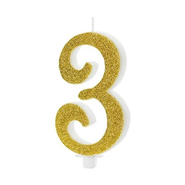 Vela de Cumpleaños Número 3 de 10 Centímetros de color Oro con Purpurina