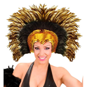 Tocado de Cabaret de color Oro con Plumas para Adulto