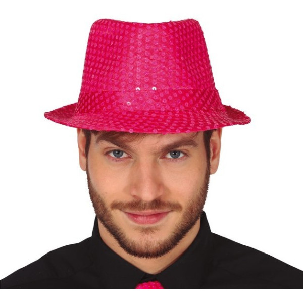 Sombrero de Gangster de color Rosa Neón con Lentejuelas para Adulto