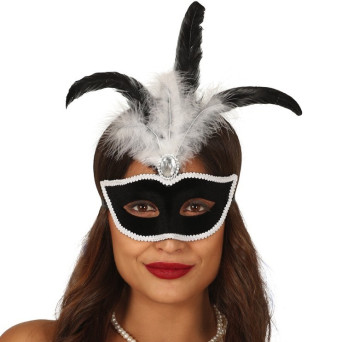 Antifaz de Terciopelo de color Negro con Pluma para Adulto