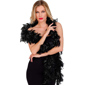 Boa de Plumas de color Negro de 1,80 Metros y 80 Gramos con Tinsel de color Plata