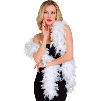Boa de Plumas de color Blanco de 1,80 Metros y 80 Gramos con Tinsel de color Oro