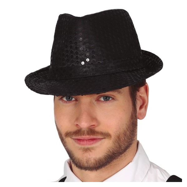 Sombrero de Gangster de color Negro con Lentejuelas para Adulto