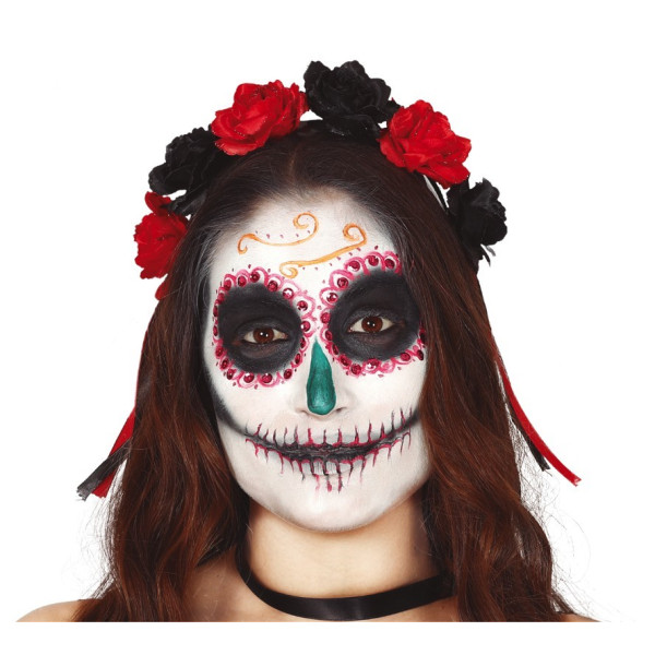 Diadema del Día de Los Muertos Mexicano con Flores de color Rojo y Negro para Adulto