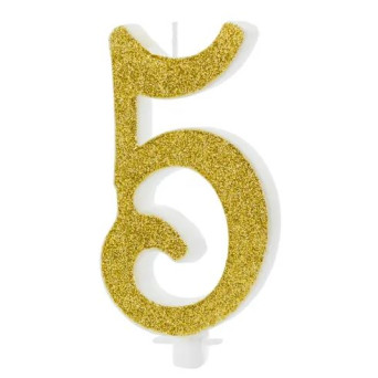 Vela de Cumpleaños Número 5 de 10 Centímetros de color Oro con Purpurina