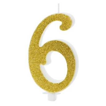 Vela de Cumpleaños Número 6 de 10 Centímetros de color Oro con Purpurina