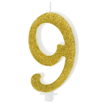 Vela de Cumpleaños Número 9 de 10 Centímetros de color Oro con Purpurina