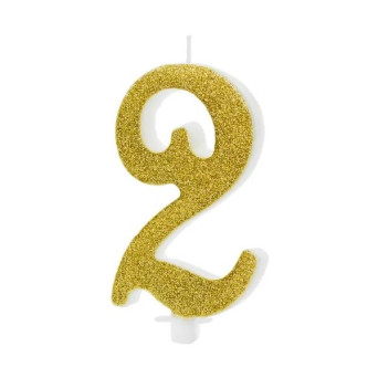 Vela de Cumpleaños Número 2 de 10 Centímetros de color Oro con Purpurina