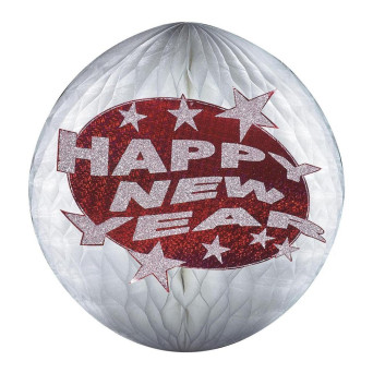 Bola Panal de Happy New Year de 25 Centímetros con Purpurina Roja